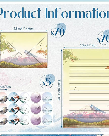 Outus 215 Pcs Japanese Stationary Set Including 70 Japanese Ink Painting Writing Papers 70 Envelopes 75 Round Stickers Watercolor Writing Stationery Paper for Invitations Office School Mail Supplies