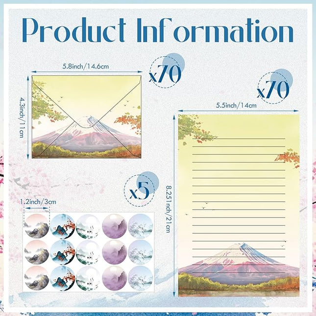 Outus 215 Pcs Japanese Stationary Set Including 70 Japanese Ink Painting Writing Papers 70 Envelopes 75 Round Stickers Watercolor Writing Stationery Paper for Invitations Office School Mail Supplies