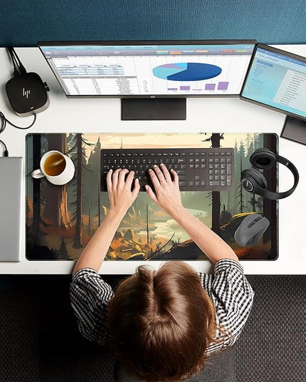 Desk Mat Gaming Desk Pad Valleys, Forest Mouse Pad XXL Extended Large Mouse and Keyboard Mat, Computer Desktop Mat with Non-Slip Base & Stitched Edges, Aesthetic Nature Desk Decor 31.5" x 15.7"