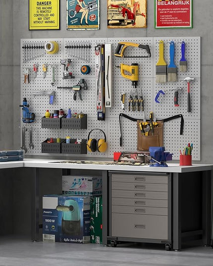 Pegboard,Metal PegBoard Panels,Steel Wall Pegboard with 8 Pieces Hooks,Metal Peg Board Wall Organizer for Office,Crafts Organization, Ornaments Display,Grey