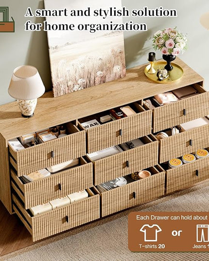 Chrangmay Modern Chest of Drawers with 9 Drawers,Deep Drawers,Clothes Organizer,Large Storage Cabinet for Living Room, Bedroom,Hallway,with Anti-Tipping Device, Oak