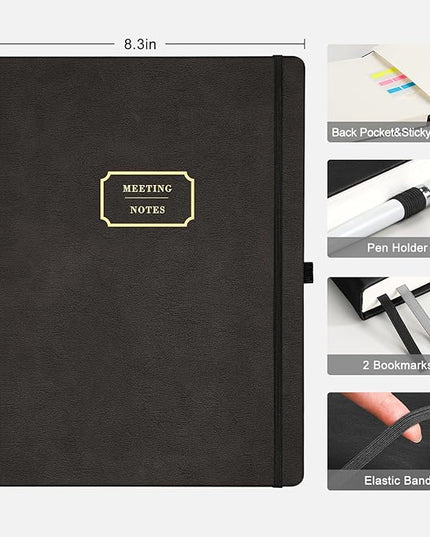 EMSHOI Meeting Notebook for Work with Sticky Tabs - 240 Pages, A4 Size Project Planner, PU Leather Meeting Agenda/Minutes Organizer for Women Men, Note Taking, Office & Business, 8.3"x11.7", Black