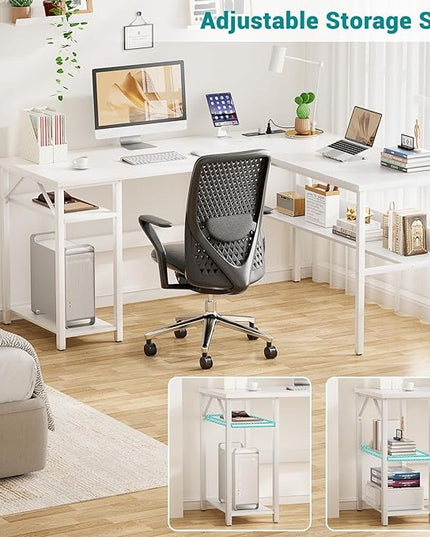 Reversible L Shaped Gaming Desk with Power Outlets and USB Charging Ports, Sturdy Computer Desks with Storage Shelf, Modern Corner Desk Home Office Table, Easy to Assemble, White