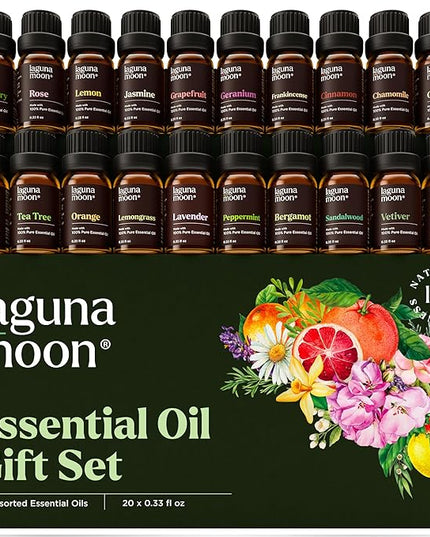 Lagunamoon Essential Oils Set, Top 20 Gift Set Oils for Diffusers, Humidifiers, Aromatherapy, Candle Making Scents, Cars & Home Products, Peppermint, Tea Tree, Lavender, Eucalyptus, Lemongrass (10mL)