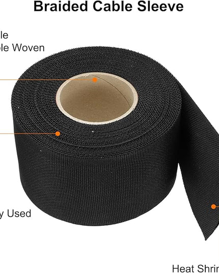 MECCANIXITY Braided Cable Sleeves Heat Shrinkable Fabric Sleeving, 2" 33ft Black 2:1 Ratio Heat Shrinkable Cord Protector for Harness Cable, Network Cable Protection, Cable Management