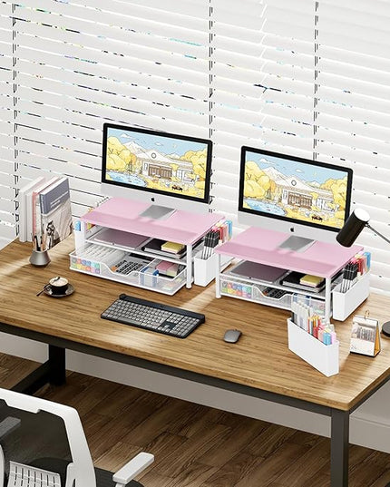 OPNICE Desk Organizers and Accessories, 2-Tier Computer Monitor Stand Riser with Drawer and 2 Pen Holders, Laptop Stand, Office Desk Accessories for Office Supplies, Pink Wood