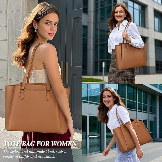 RAINSMORE Laptop Bag for Women 15.6 Inch Work Tote Bags Waterproof Computer Bags Leather Professional Laptop Purse Womens Laptop Briefcase Large Handbag for Office Teacher Travel, Brown
