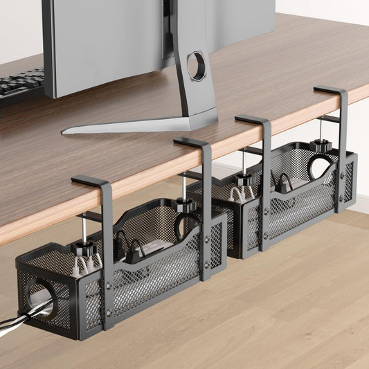 2 Pack Under Desk Cable Management Box Black, Cinati 26.8" Wire Organizers No Drill, Cord Organization Tray with Clamp for Office, Home - No Damage to Desk