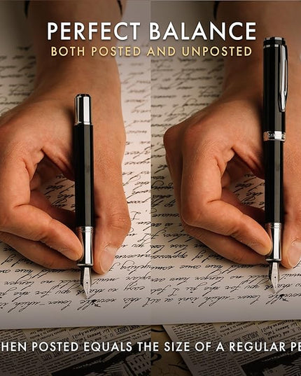 Wordsworth and Black Fountain Pen Mini EDC: Luxury Black Heavy Pocket Pen, Chrome Finish, Medium Nib, 6 Ink Cartridges, Ink Converter, Travel Refillable Writing Pen Gift Set, Men & Women