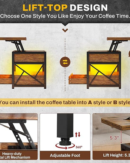 Itaar 40" Lift Top Coffee Table, 4 in 1 Coffee Tables with Storage for Living Room, Small Farmhouse Coffee Table with 2 Drawers & LED Light for Dining Reception Room, Rustic Brown