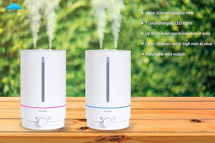 BlueHills Premium 5000 ML XL Cool and Warm Mist Ultrasonic Diffuser Humidifier Large Room Huge Coverage Area 5 Liter Big Capacity High Output 50 Hours Long Run Time Essential Oil Diffuser White W501