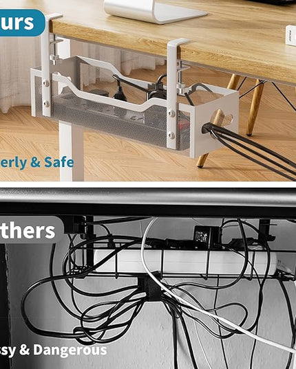 Under Desk Cable Management Tray No Drill, 13.38'' Metal Tray with Clamp for Wire Management, Litwaro Cord Organizer Home Office Damage to Standing Desk, White
