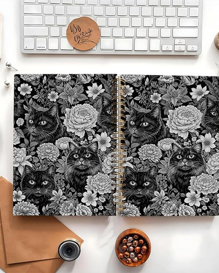 Cat Notebook Journal, Vintage Black White Floral Cats Spiral Notebook for School Supplies, Cat Lover Gifts for Women Men, Black Cat Gifts for Girls 5.5x8.3 Inch