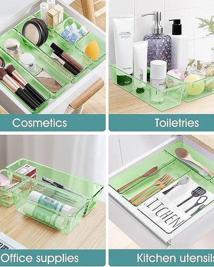 WOWBOX 25 PCS Plastic Drawer Organizer Set, 4 Sizes Desk Drawer Divider Organizers and Storage Bins for Makeup, Jewelry, Gadgets for Kitchen, Bedroom, Bathroom, Office, Clear Green