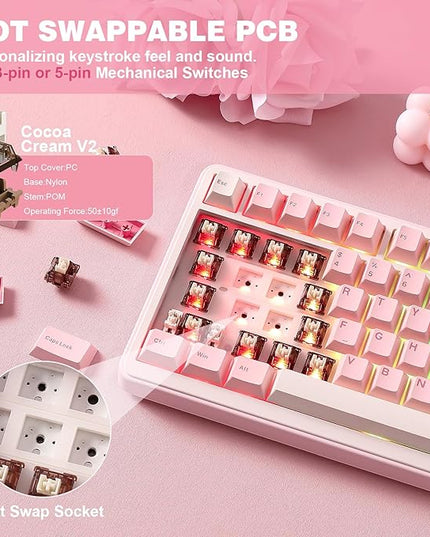 YUNZII B75 PRO Wireless Mechanical Keyboard,75% Layout with Knob,Hot Swap Gasket Custom Structure,Creamy Pre-lubed Switches,RGB Backlit,Bluetooth/Type-C/2.4G for Win/Mac(Cocoa Cream V2 Switch,Pink)