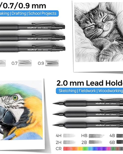 Nicpro 6PCS Weatherproof Mechanical Pencil Set, 3 PCS Art Mechanical Pencils 0.5 mm & 0.7 mm & 0.9 mm & 3 PCS 2mm Lead Holder (6B 4B 2B HB 2H 4H Colors) For Outdoor For Writing, Sketching Drawing