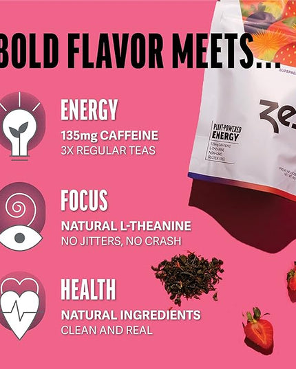 Zest Energy Green Tea - Superberry Samba Loose Leaf - High Caffeine Strawberry & Passion Fruit - Caffeinated Coffee Altnernative with Antioxidants - Natural, Non-GMO & Keto - 50 Servings - 135mg Caf