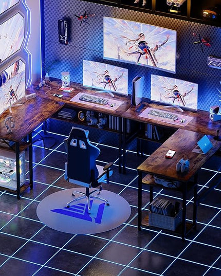 Unikito L Shaped Computer Desk with Magic Power Outlets and USB Charging Port, Sturdy Reversible Corner Desk with Storage Shelves, Modern Work Desk for Home Office, Easy to Assemble, Rustic Brown