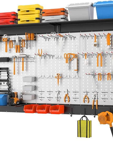 WALMANN 113 PCS Pegboard Wall Tool Organizer Kit with Pegboard Hooks, Bins, Pegboard Tools Storage System for Garage, Modular Peg Board, Tools Organizer Board with Hooks(Grey)