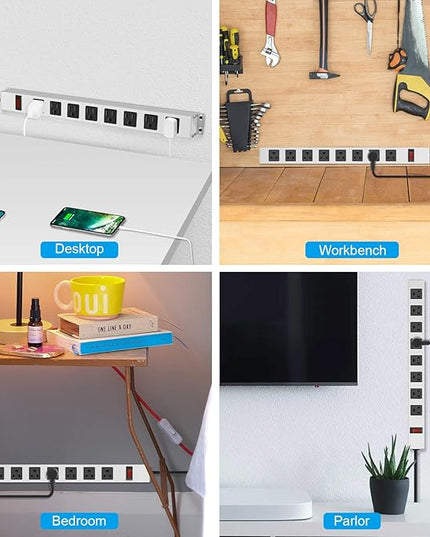 JUNNUJ Metal 8 Outlet Power Strip, Mountable Heavy Duty Power Strip, 1200J Surge Protector Wall Mount Screws Outlet with Switch, Gaming Desk Strips Wide Spaced 15A 125V 1875W, 3 FT 14AWG Power Cord