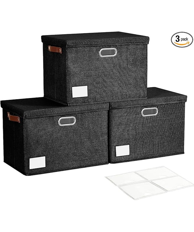 17" Large Collapsible Storage Bins with Lids, Stackable Closet Organizers with PU Handle and Labels, 3-Pack Decorative Fabric Storage Boxes for Home, Bedroom, Closet, Office, Nursery(Black)