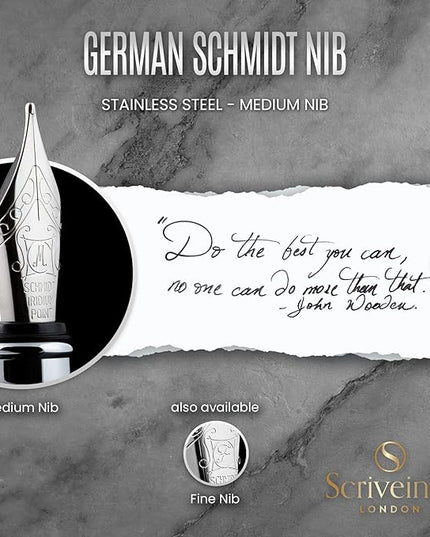 Scriveiner Stainless Steel Fountain Pen - Stunning Luxury Pen with Steel Finish, Schmidt Steel Nib (Medium), Pen Gift Set for Men & Women, Professional, Executive Office, Nice Designer Pens