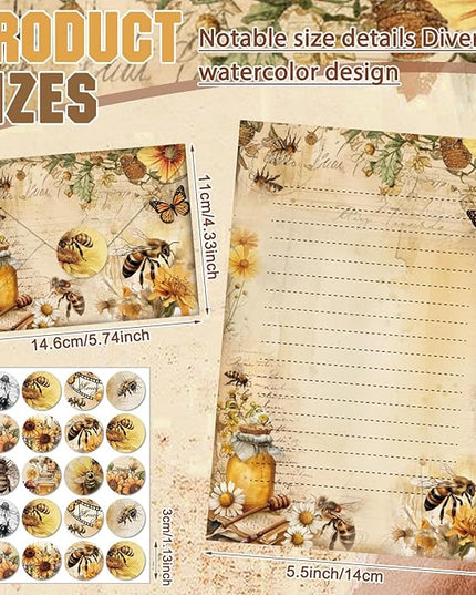 TaoBary 160 Pcs Stationery Paper Set 50 Double Sided Stationery Papers with 50 Matching Envelopes and 60 Round Dot Sticker, 10 Design (Vintage Bee Floral Butterfly,8.25 x 5.5 Inch)