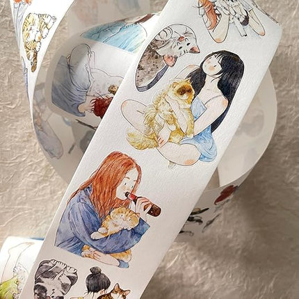 DingDing Vol9-32 My Pet Baby,Pre-Cut Washi Paper PET Tape Stickers,Original Design Vintage Girls&Cute Pets Playing,for Scrapbook Supplies,Scrapbook Tape, Journaling Stickers,Bullet Journals