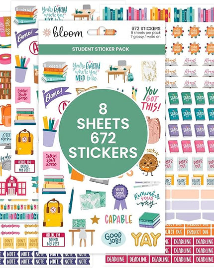 bloom daily planners Student Planner Stickers - 8 Sheets / 672 Stickers - Essential School Themed Variety Pack for Academic Year Planning - Icons & Illustrations to Track Assignments, Exams, & More