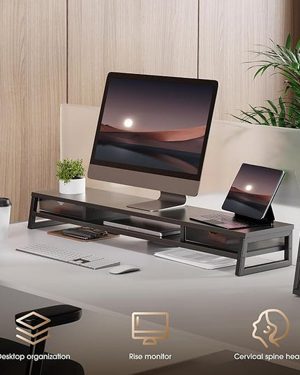 Fenge Dual Monitor Stand, Monitor Riser with Drawer, 42.5 Inch Large Computer Monitor Stand for 2 Monitors, 2 Tier Wooden Desk Shelf for Top of Desk