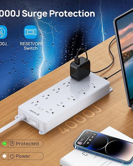 TROND Power Strip Surge Protector, 4000J, ETL Listed, 10 Widely Spaced Outlets, 2 USB A & 2 USB C Ports, Flat Plug Power Strip, 10ft Long Extension Cord, Wall Mountable, for Home Office Garage, White