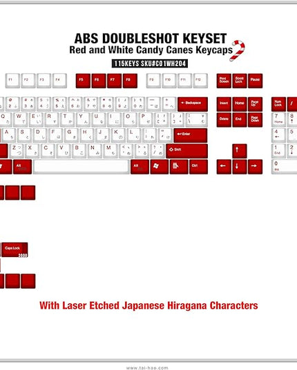 TAI-HAO US Layout+Japanese Characters are Laser Engraved /115 Red and White ANSI Layout Compatible with All MX Types Keyboards(61/87/104/108+1.75U Shift Key) Double Shot Keycap Set
