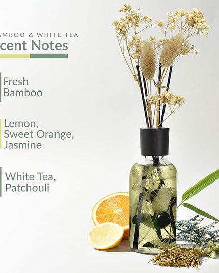 Bamboo White Tea Reed Diffuser Set - Fragrance Reed Diffusers for Home - 250ml Glass Bottle with Plant Accents, Black Reed Sticks, Dried Flowers - Aromatherapy Reed Diffuser Oil for Relaxation