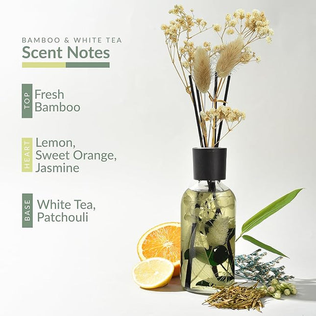 Bamboo White Tea Reed Diffuser Set - Fragrance Reed Diffusers for Home - 250ml Glass Bottle with Plant Accents, Black Reed Sticks, Dried Flowers - Aromatherapy Reed Diffuser Oil for Relaxation