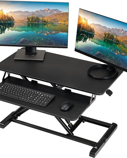 TechOrbits Standing Desk Converter - 32 Inch Adjustable Sit to Stand Up Workstation, Particle Board, Dual Monitor Desktop Riser with Keyboard Tray, for Home Office Laptop, Black 32"
