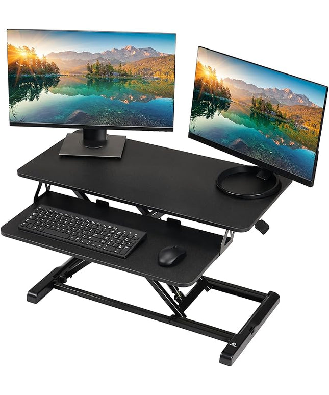 TechOrbits Standing Desk Converter - 32 Inch Adjustable Sit to Stand Up Workstation, Particle Board, Dual Monitor Desktop Riser with Keyboard Tray, for Home Office Laptop, Black 32"