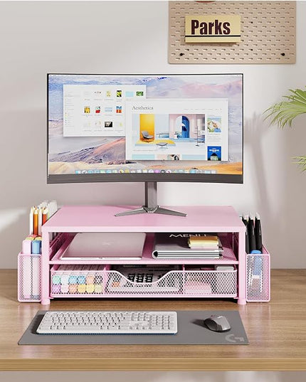 OPNICE Desk Organizers and Accessories, 2-Tier Computer Monitor Stand Riser with Drawer and 2 Pen Holders, Laptop Stand, Office Desk Accessories & Office Decor for Women, Pink