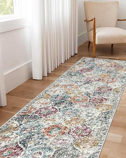 Lahome Moroccan Trellis Hallway Runner Rug, 2x6 Kitchen Runner Rugs Non Skid Washable, Vintage Laundry Room Rug Ultra-Thin Long Carpet for Bathroom Bedroom Entryway, Aqua/Multi
