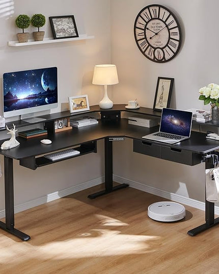 RedLemon 60 Inches L Shaped Electric Standing Desk, Height Adjustable Corner Gaming Desk with Drawers, Power Outlets & LED Lights, Computer Desk with Monitor Shelf, Carbon Fiber Black