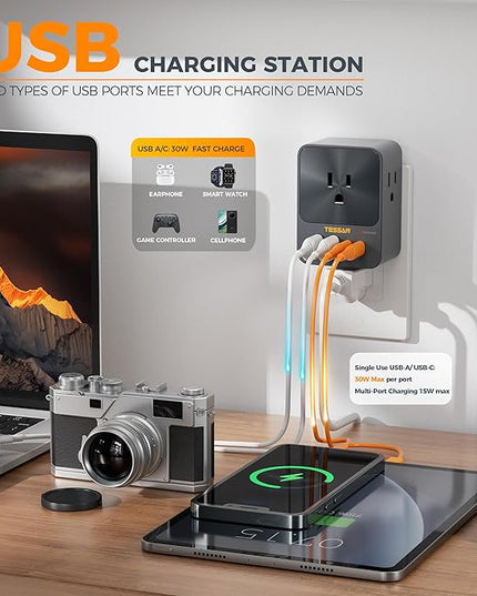 30W Wall Charger, TESSAN Fast Charging Multi Plug Adapter with 3 Outlet Extender Surge Protector, Multiple Plug with 4 USB Block Power Delivery (2 USB C Ports) for Home Office Essentials