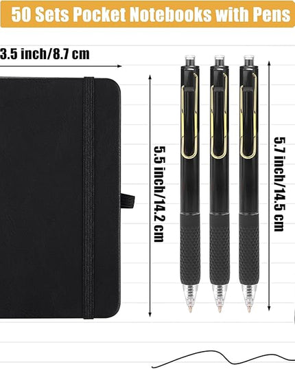 Aodaer 50 Sets Pocket Notebook Journal with Pens, 160 Pages, 3.5 x 5.5 Inch Mini Lined Journal Notebook A6 Leather Hardcover College Ruled Notepad with Pen Holder for School Office Gifts, Black