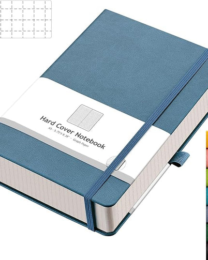 AHGXG Graph Paper Notebook - 320 Pages Grid Notebook Thick Journal A5, 100gsm Thick Graph Paper, Leather Hardcover, Inner Pocket,5.75'' × 8.38''- GrayBlue