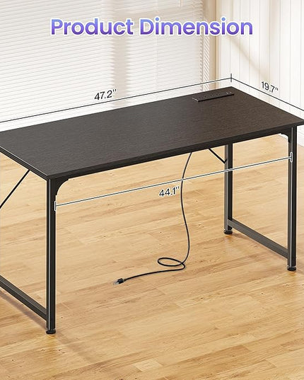 PRAISUN 47 X 20 Inch Office Computer Desk with Power Outlets and USB-C Port, Larger Gaming Desk, for Home Office, Study, Bedroom, Writing Work from Home Table, Metal Frame, Black