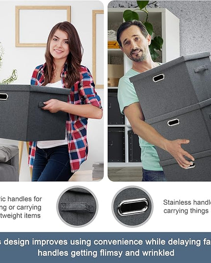 Large 17" 36 Quart Collapsible Stackable Storage Bins with Lids, 5 Packs Dark Gray Foldable Fabric Closet Storage Boxes with Lids Heavy-duty Linen Cube Baskets(17 x 12 x 11)