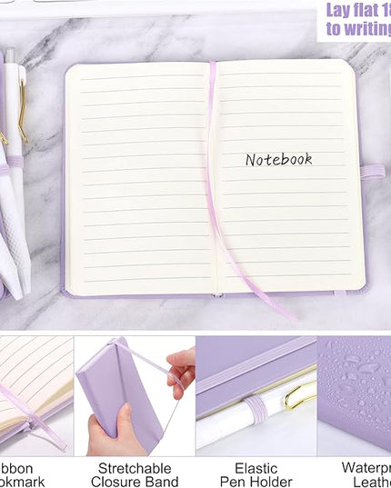 Aodaer 50 Sets Pocket Notebook Journal with Pens, 160 Pages, 3.5 x 5.5 Inch Mini Lined Journal Notebook A6 Leather Hardcover College Ruled Notepad with Pen Holder for School Office Gifts, Lavender