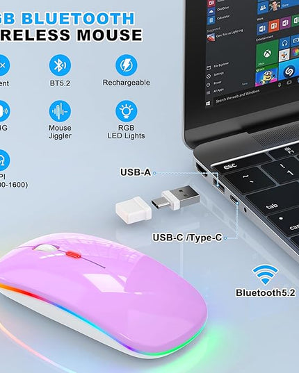 Azmall Bluetooth Wireless Mouse, Slim LED Rechargeable Silent Mouse with 2.4GHz USB-A/USB-C Receiver & Type-C Adapter, Compatible with Laptop, MacBook, iPad, iPad Pro,Mac,Tablet - Purple