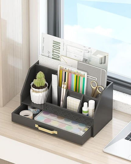 Wisuce Essentials Bamboo Desk Organizer with Drawers, Mail Organizer Countertop Wood Desk Drawer Tabletop Storage Organization Pen Holder Letter Sorter Makeup Organizer for School Home Office (Black)