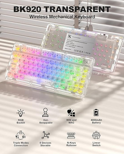 Transparent Mechanical Keyboard, RGB Backlit Wireless Creamy Gaming Keyboards, Hot Swap Customizable Clear Acrylic Design, 80-Key Quiet Linear Switches, 3 Modes BT5.0/2.4G/USB-C 4000mAh Battery, White