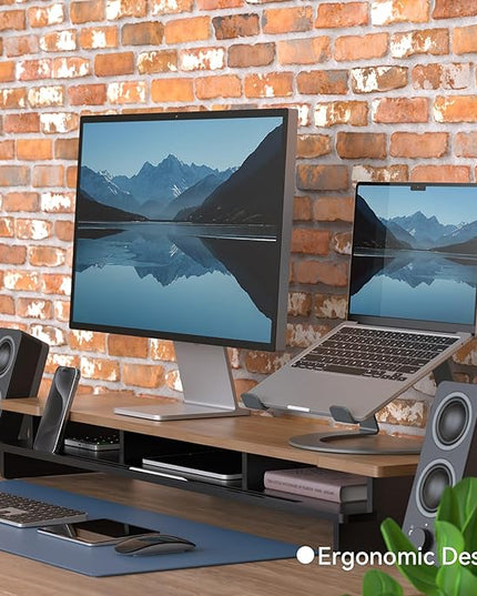 Monitor Stand Dual Monitor Stand Riser for Desk,Wood Desk Shelf Storage Organizer with Phone Tablet Holder (42.5 Inch, Black & Dark Bamboo)