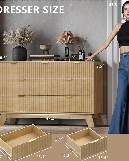 BORNOON Fluted 7 Drawer Dresser, 47.2" Wide Modern Boho Chest of Drawers, Wooden Storage Dresser TV Stand for Bedroom, Living Room, Closet, Hallway, Curved Profile Design
